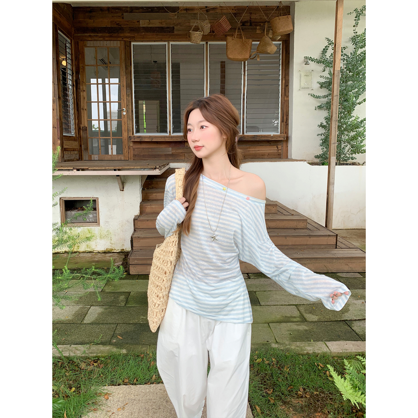 Women's Off-Shoulder Long Sleeve Asymmetric Neck Striped Sun Protection Top Summer New Classic Color Block Slim Fit Air Conditioning Cover-Up - Image 5