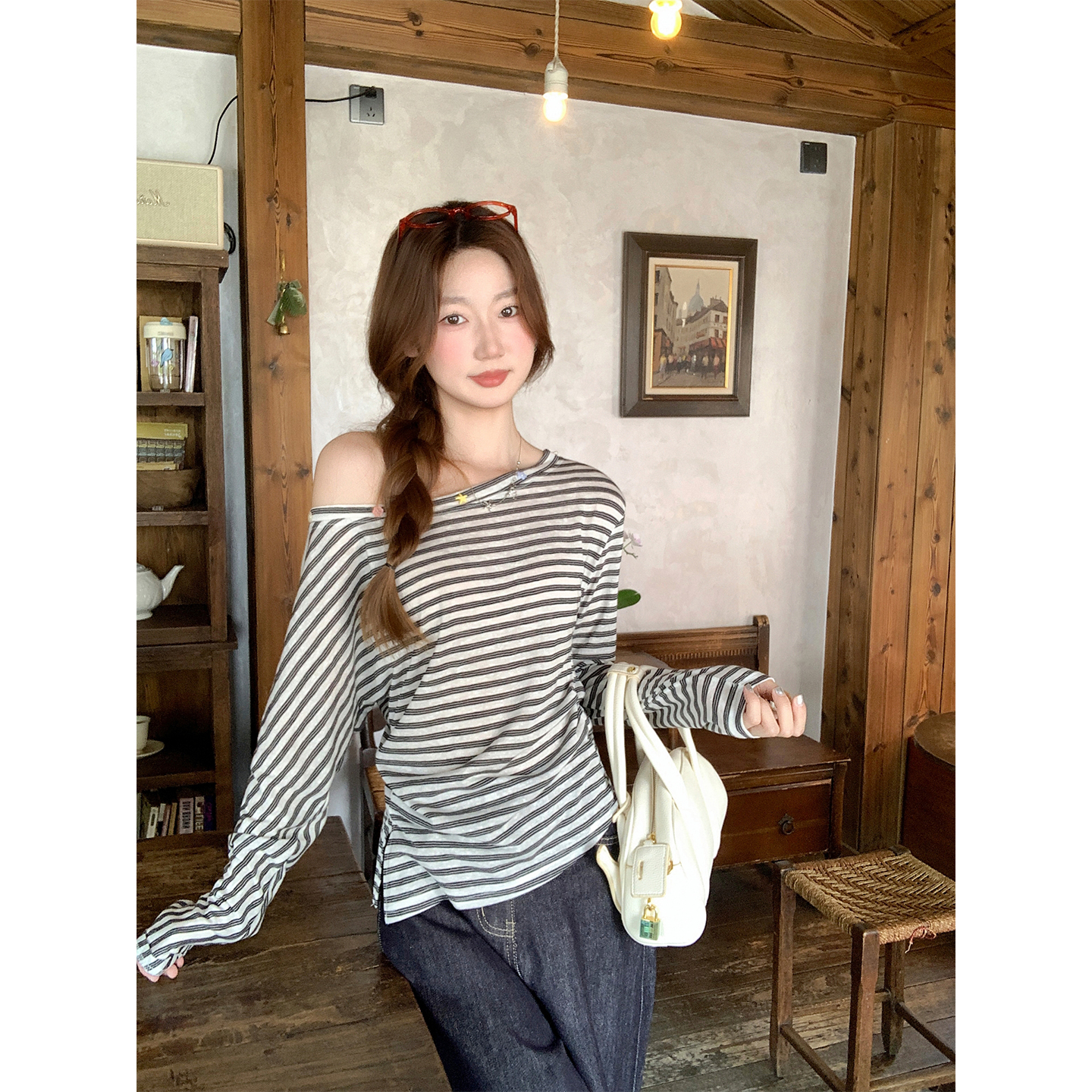 Women's Off-Shoulder Long Sleeve Asymmetric Neck Striped Sun Protection Top Summer New Classic Color Block Slim Fit Air Conditioning Cover-Up - Image 2
