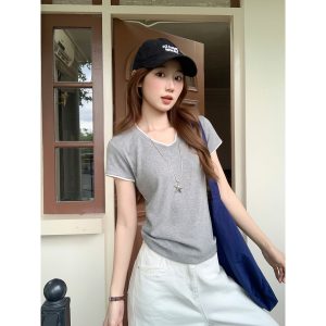 Women's Color-Block V-Neck Short Sleeve T-Shirt Summer Korean Style Slim Fit Gray Top