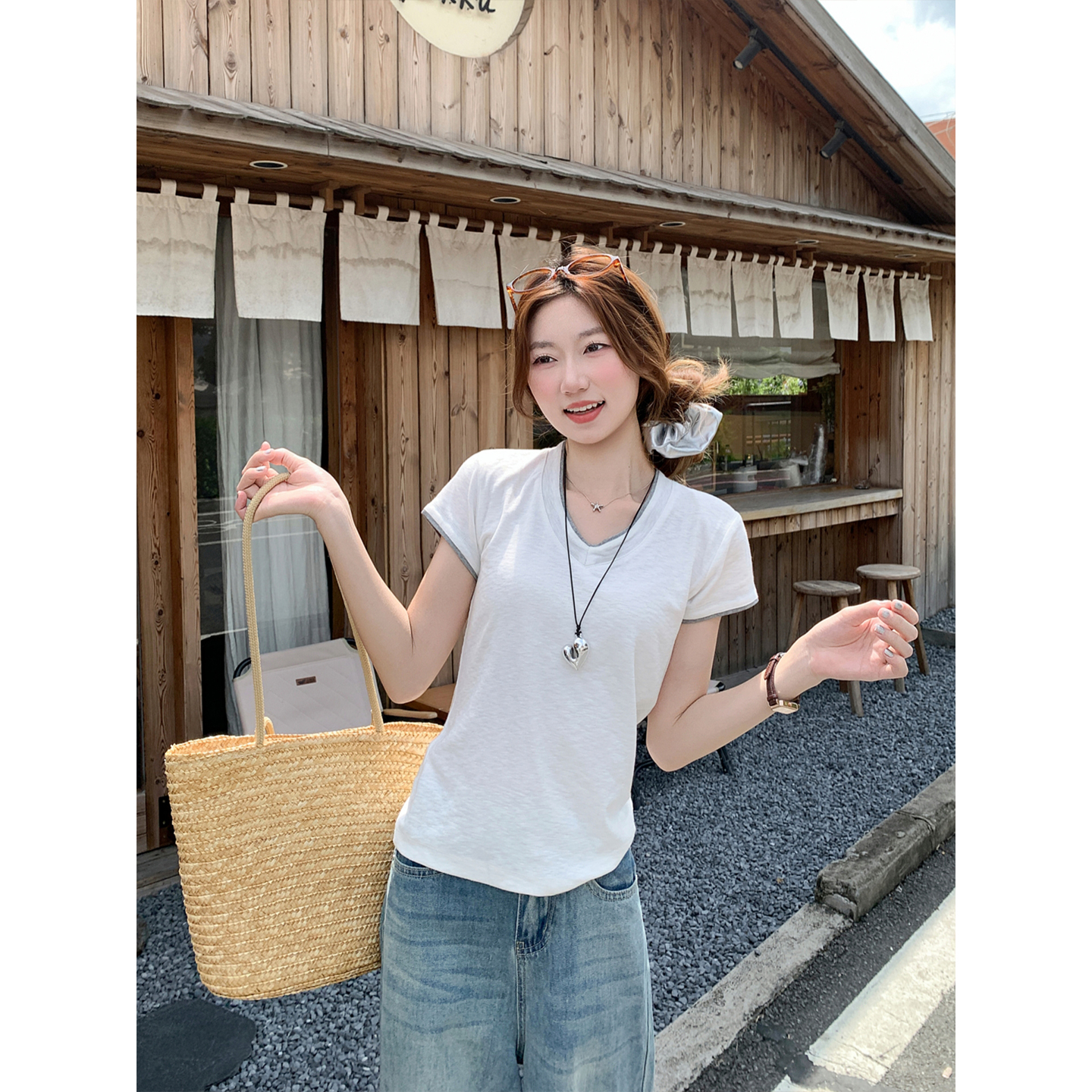 Women's Color-Block V-Neck Short Sleeve T-Shirt Summer Korean Style Slim Fit Gray Top - Image 3