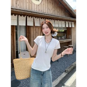 Women's Color Block V-Neck Faux Two-Piece White T-Shirt Summer Korean Slim Fit Top