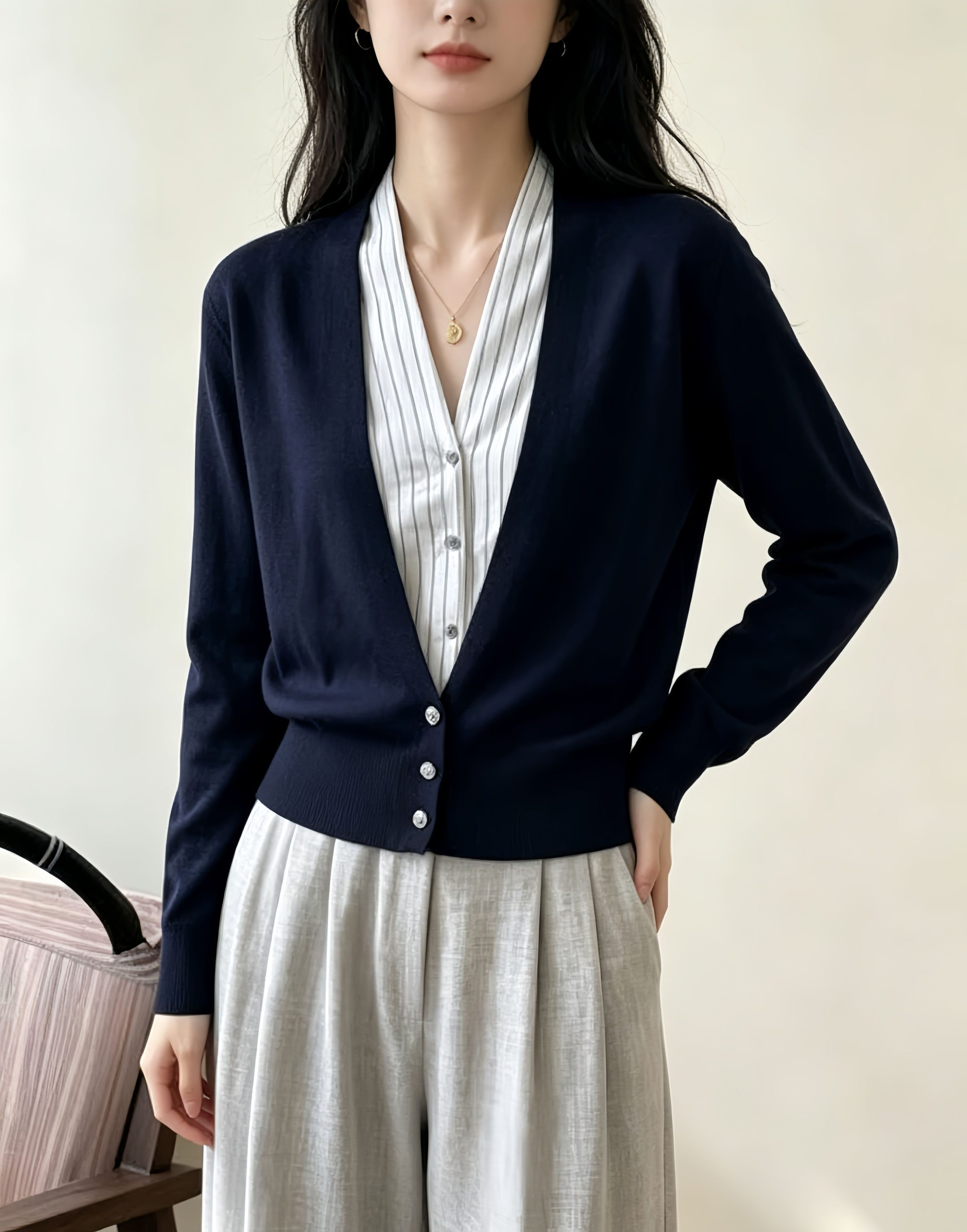 Women's Color-Block V-Neck Knit Cardigan 2026 Long Sleeve Waist-Cinched Commuter Top - Image 3