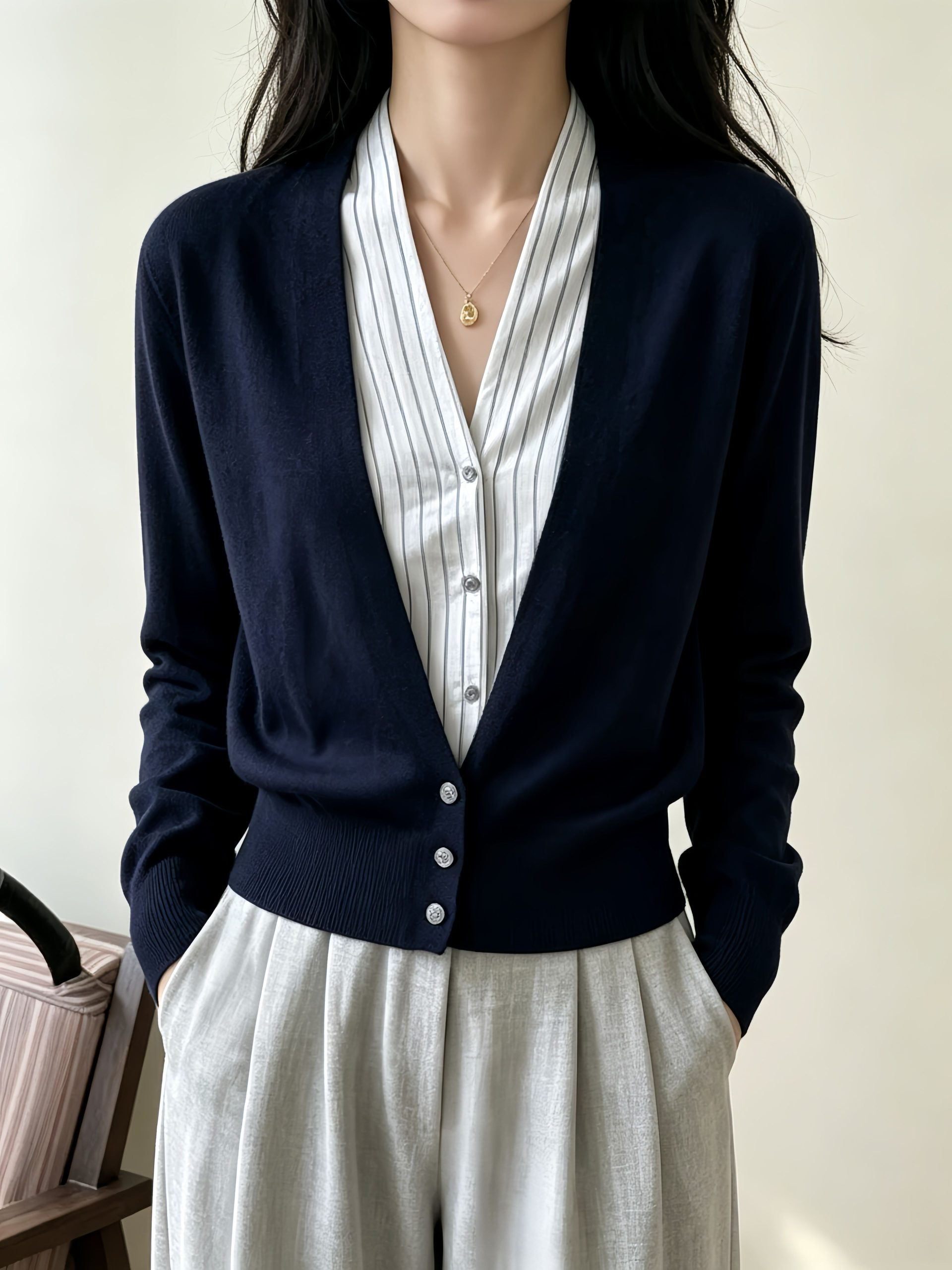 Women's Color-Block V-Neck Knit Cardigan 2026 Long Sleeve Waist-Cinched Commuter Top - Image 4