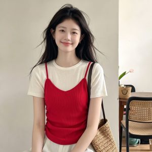 Women's Color-Block Faux-Layer Knit Short-Sleeve Top Summer Korean Style