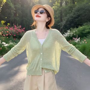 V-Neck Ice Silk Knit Sun Protection Cardigan for Women 2026 Summer Sheer Air Conditioning Shawl