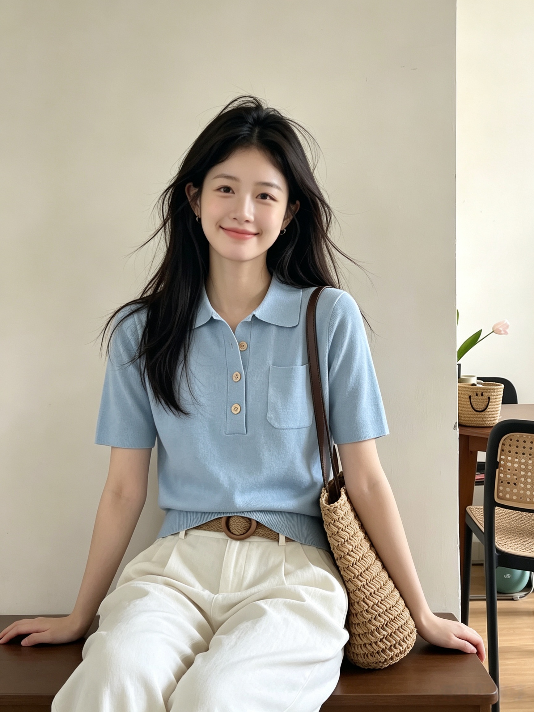 Women's Summer Polo Neck Short Sleeve Knit Top French Retro Slim Fit - Image 4