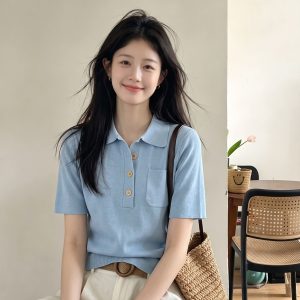 Women's Summer Polo Neck Short Sleeve Knit Top French Retro Slim Fit