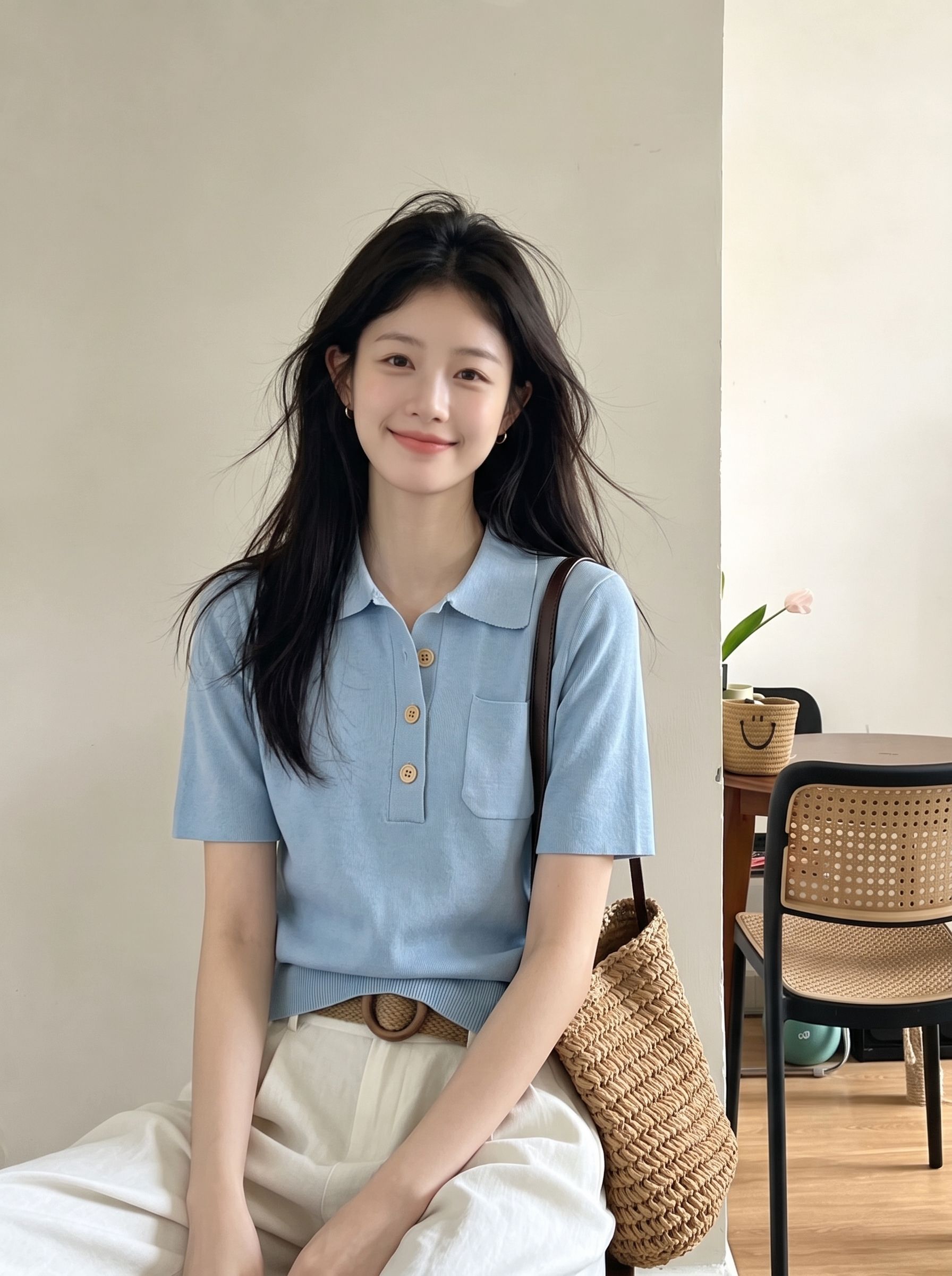 Women's Summer Polo Neck Short Sleeve Knit Top French Retro Slim Fit