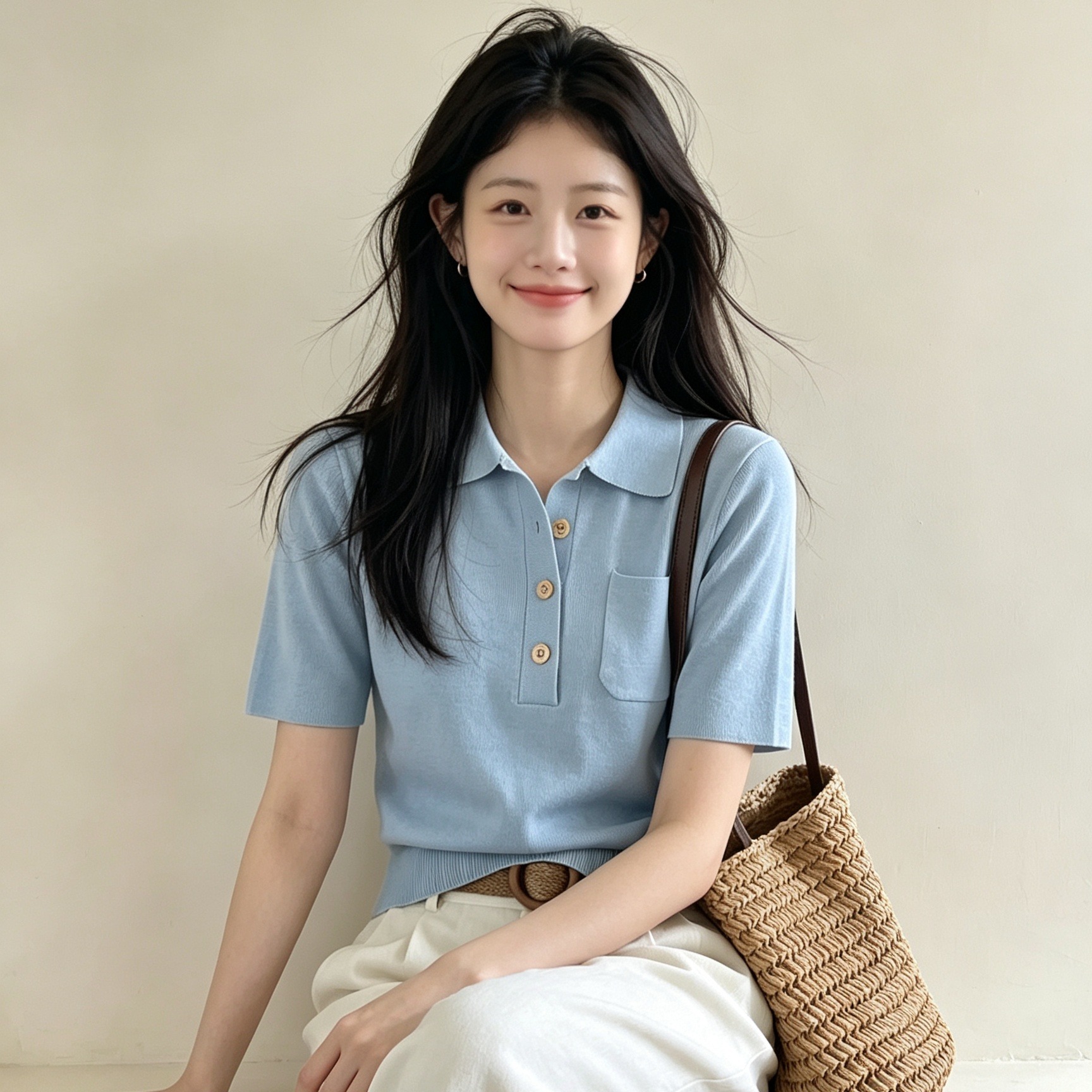 Women's Summer Polo Neck Short Sleeve Knit Top French Retro Slim Fit - Image 5
