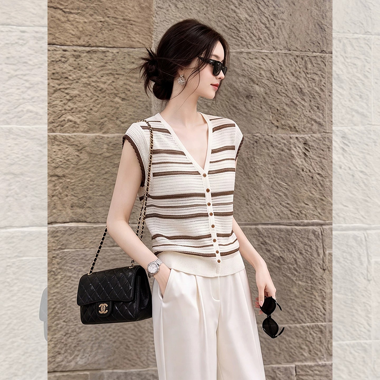 Women's Brown Striped V-Neck Flutter Sleeve Knit Top Summer Retro Loose T-Shirt - Image 4