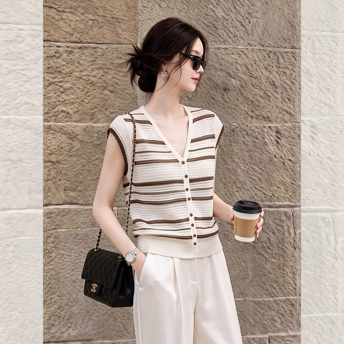 Women's Brown Striped V-Neck Flutter Sleeve Knit Top Summer Retro Loose T-Shirt - Image 2