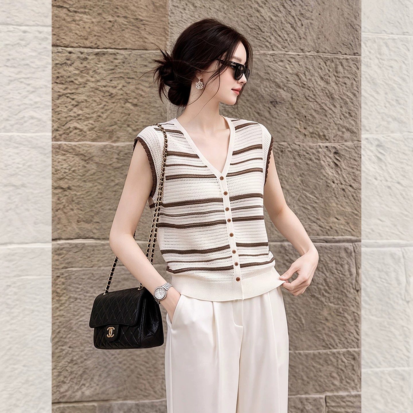 Women's Brown Striped V-Neck Flutter Sleeve Knit Top Summer Retro Loose T-Shirt - Image 3