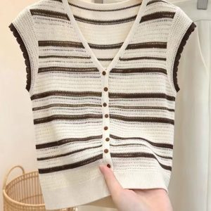 Women's Brown Striped V-Neck Flutter Sleeve Knit Top Summer Retro Loose T-Shirt