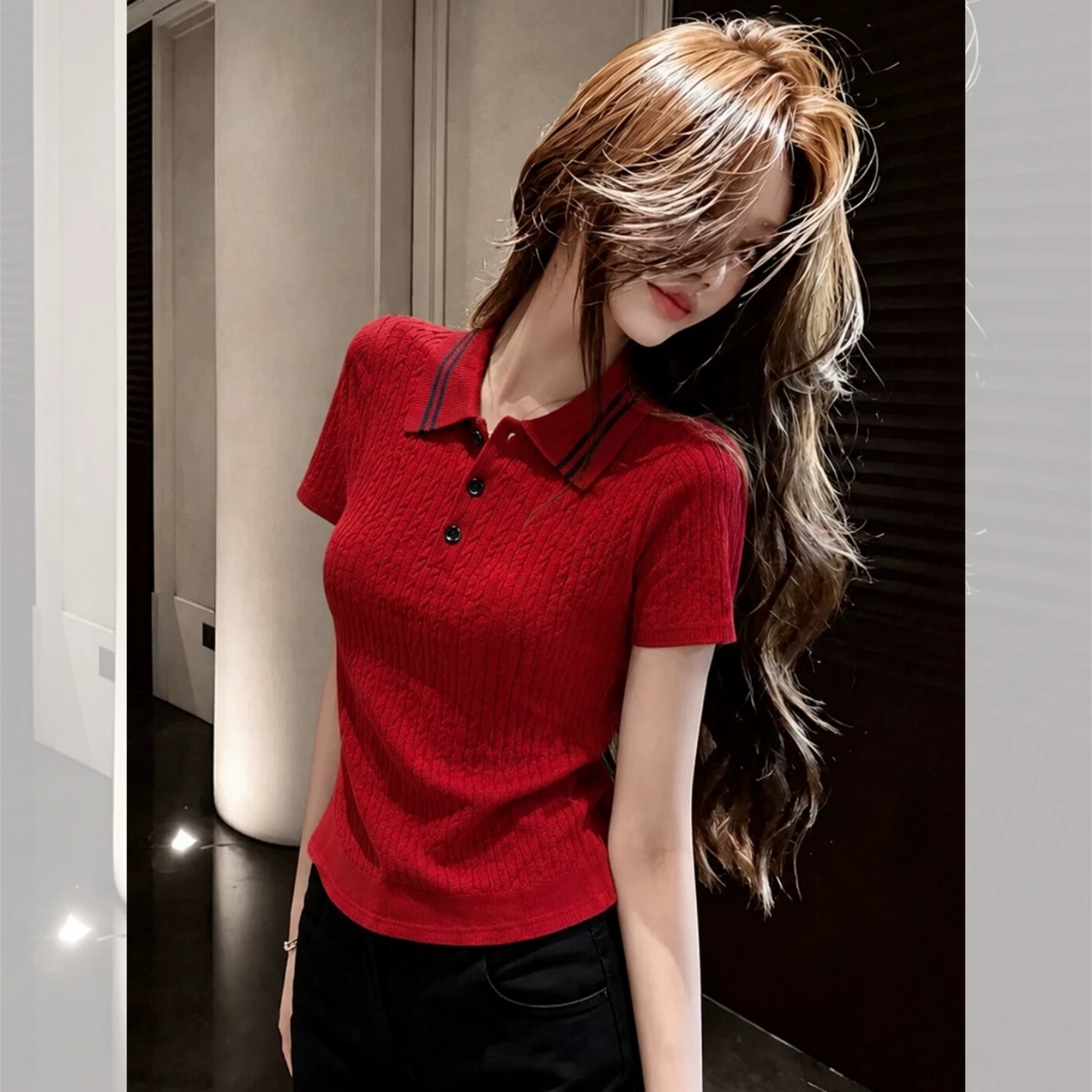 Red Polo Collar Knit Short Sleeve T-Shirt for Women Summer Slimming - Image 2