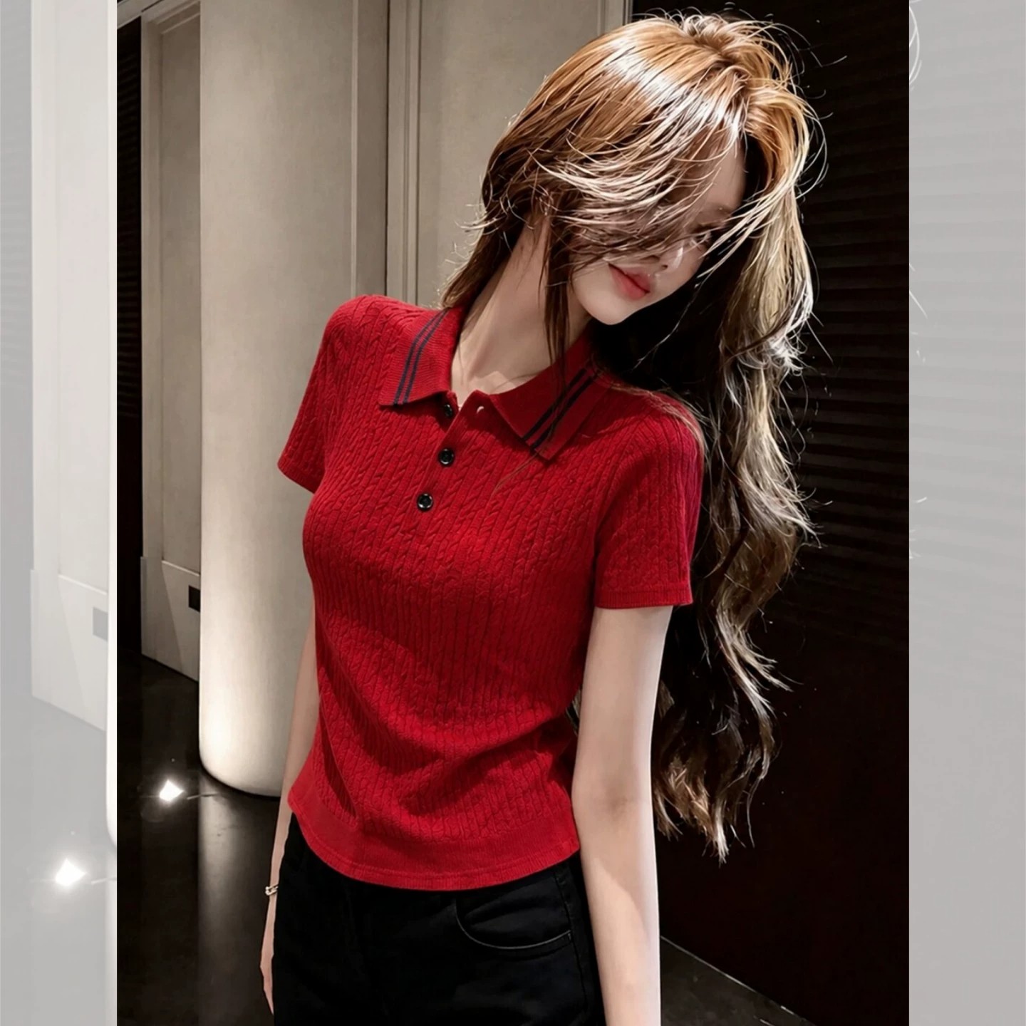Red Polo Collar Knit Short Sleeve T-Shirt for Women Summer Slimming - Image 5