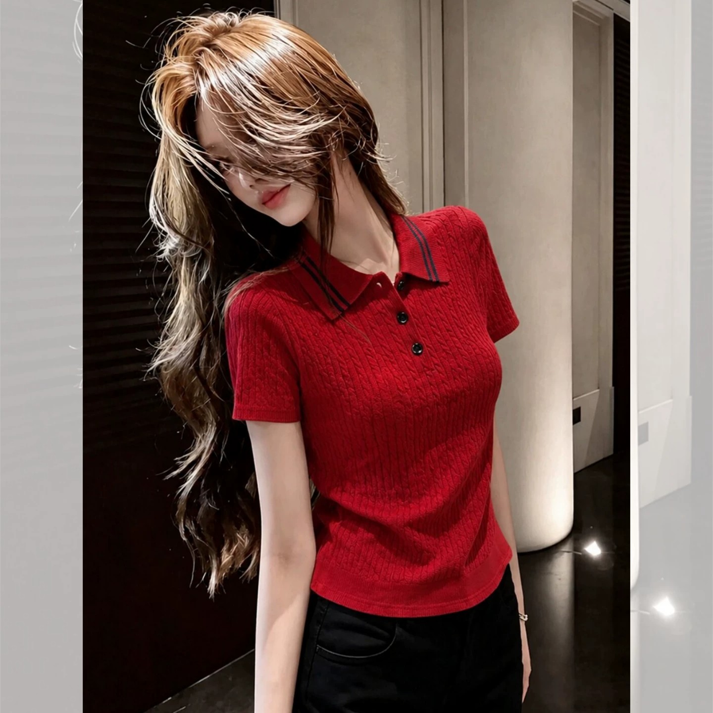 Red Polo Collar Knit Short Sleeve T-Shirt for Women Summer Slimming - Image 3
