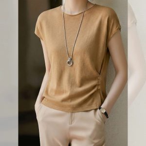 Korean Style Chic Slimming Pleated Short Sleeve T-Shirt for Women Summer 2026 New Commuter Top