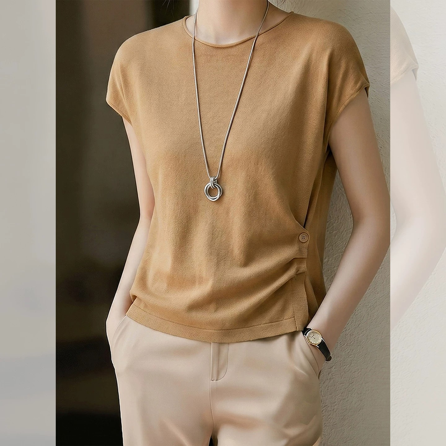 Korean Style Chic Slimming Pleated Short Sleeve T-Shirt for Women Summer 2026 New Commuter Top