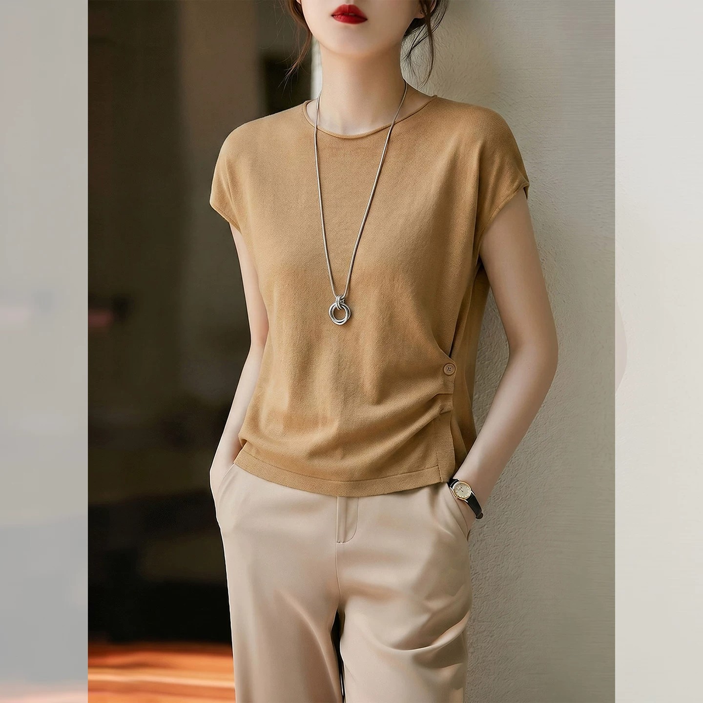 Korean Style Chic Slimming Pleated Short Sleeve T-Shirt for Women Summer 2026 New Commuter Top - Image 5