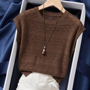 Brown Openwork Knit Fly Sleeve Top for Women Summer 2026