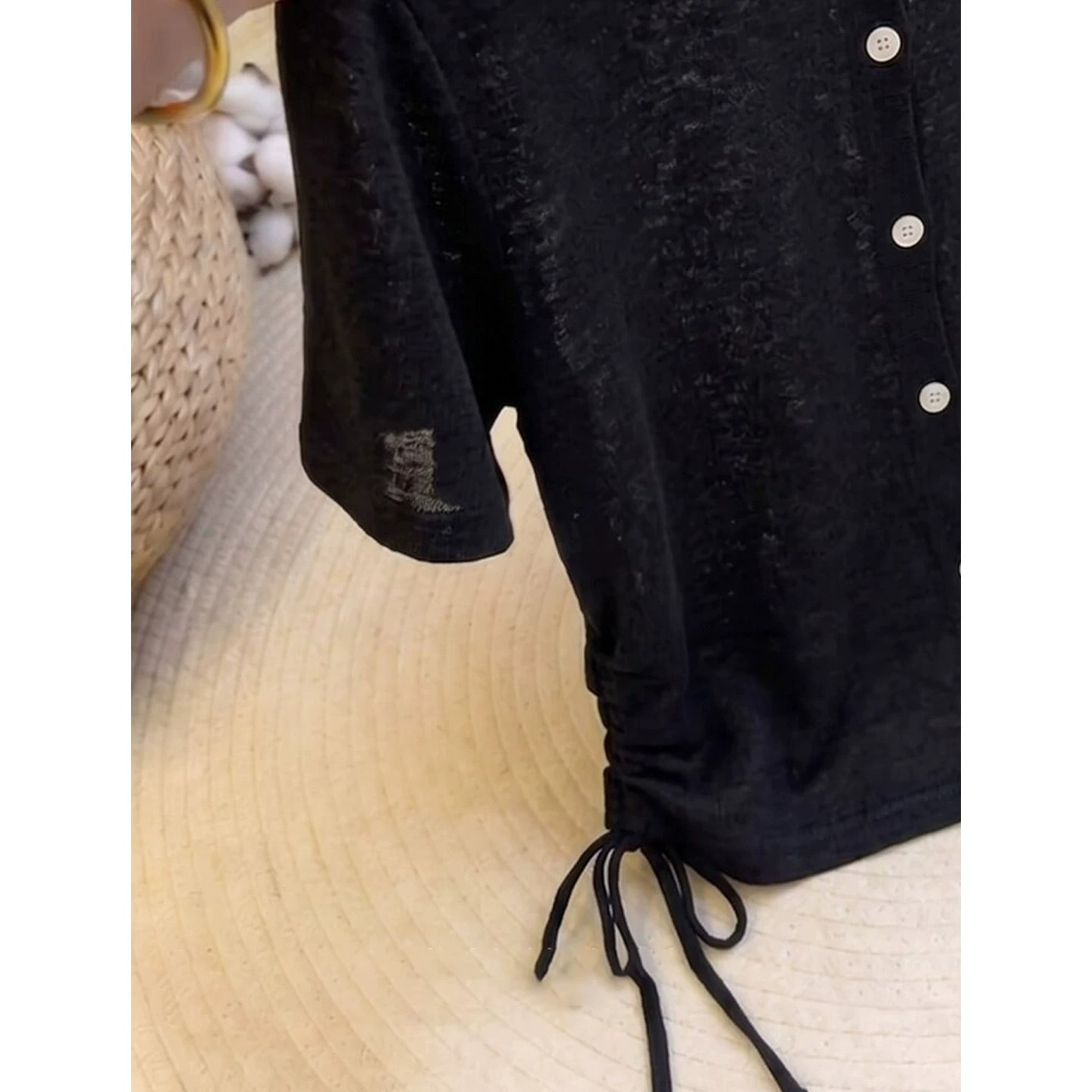 Black Lightweight Polo Collar Short Sleeve Knit Top for Women Summer Korean Style Slimming Drawstring Tee - Image 5