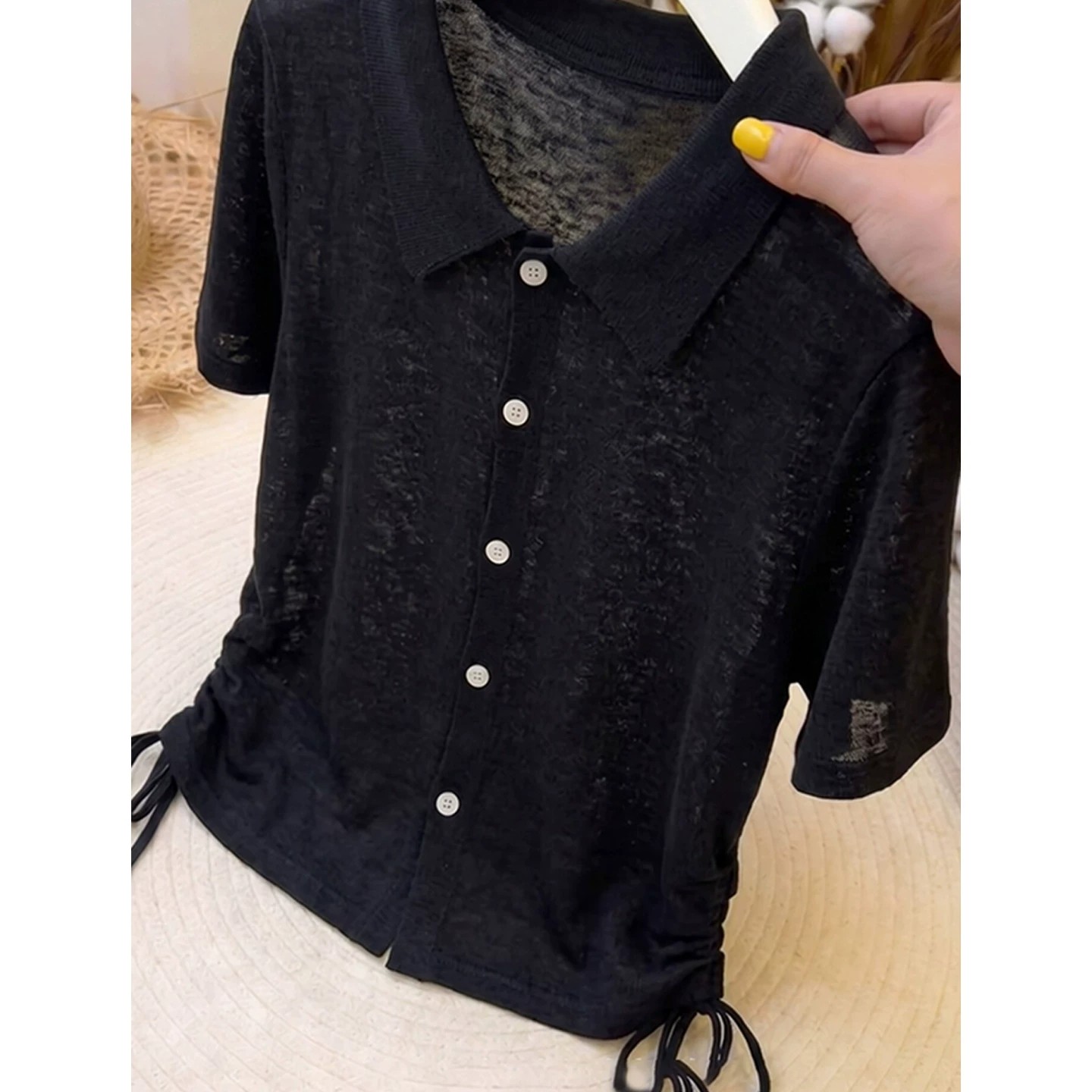 Black Lightweight Polo Collar Short Sleeve Knit Top for Women Summer Korean Style Slimming Drawstring Tee - Image 4
