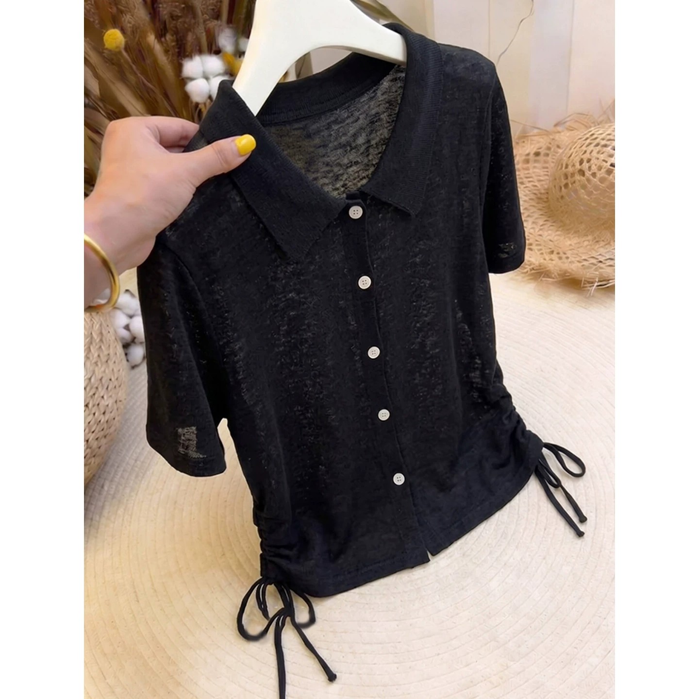 Black Lightweight Polo Collar Short Sleeve Knit Top for Women Summer Korean Style Slimming Drawstring Tee