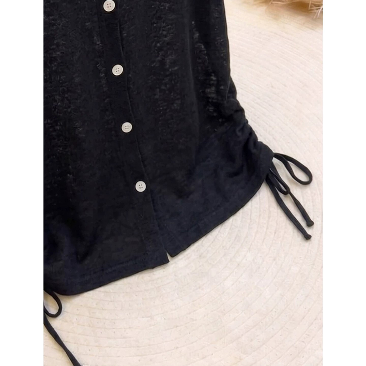 Black Lightweight Polo Collar Short Sleeve Knit Top for Women Summer Korean Style Slimming Drawstring Tee - Image 3