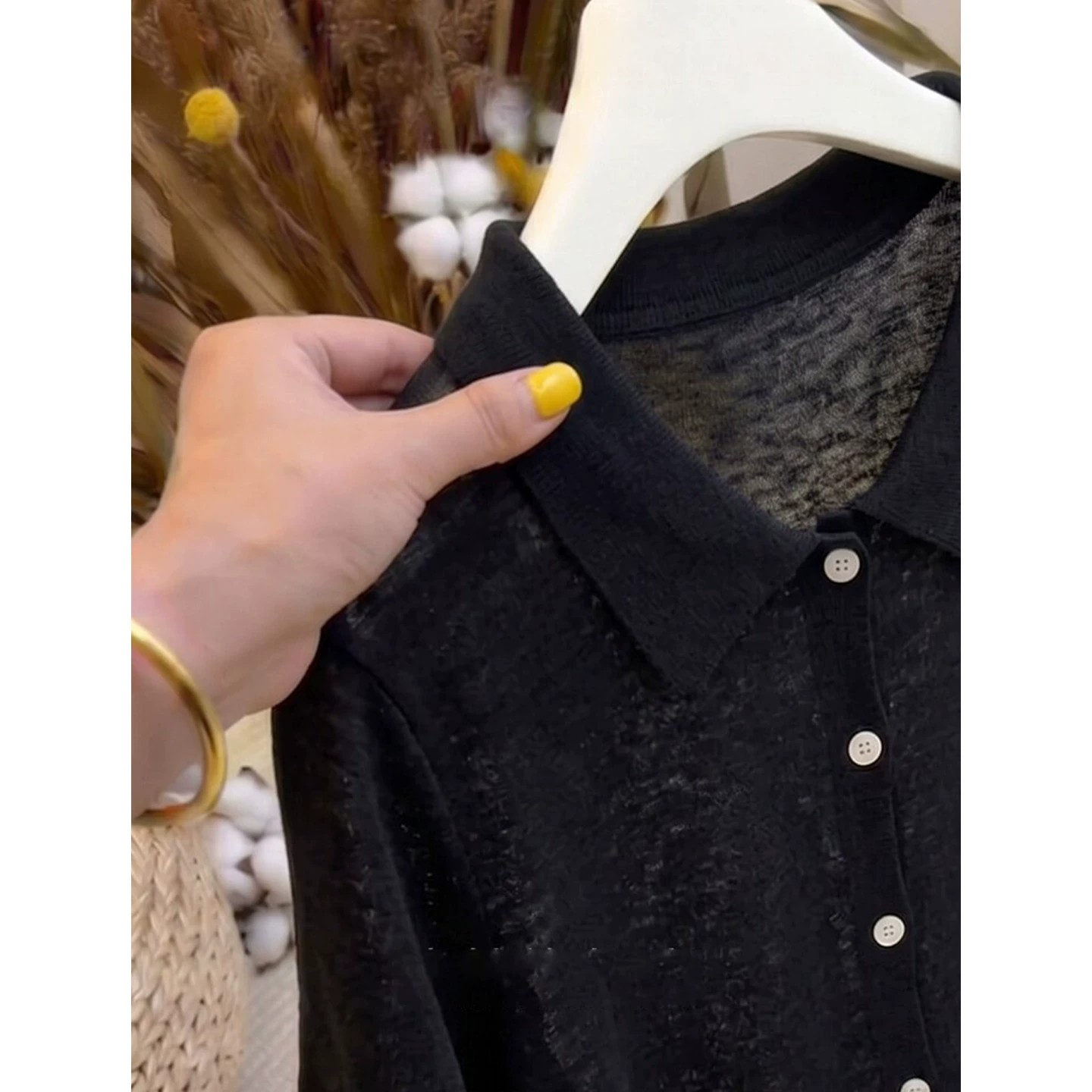 Black Lightweight Polo Collar Short Sleeve Knit Top for Women Summer Korean Style Slimming Drawstring Tee - Image 2