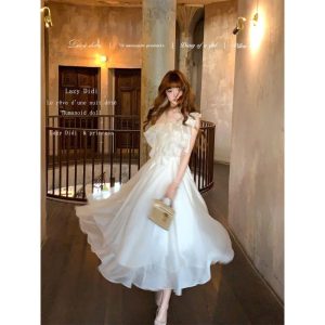 Prague Love Japanese Style 3D Dynamic Dress with Bow One-Shoulder Asymmetric Ruffle Apricot Dress