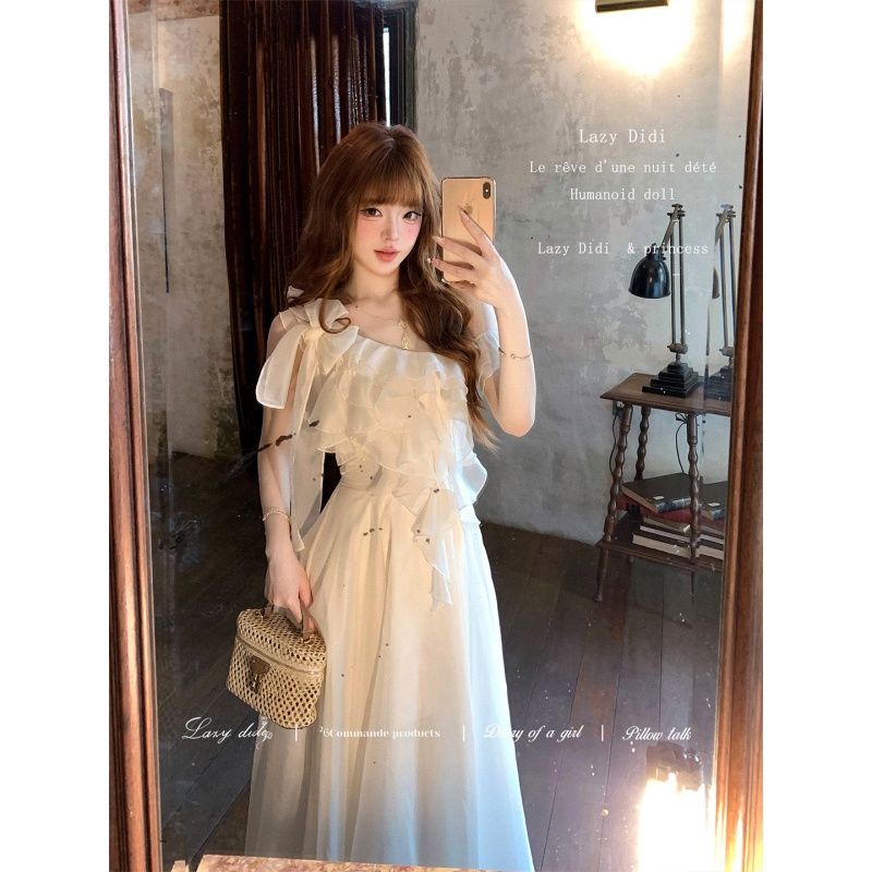 Prague Love Japanese Style 3D Dynamic Dress with Bow One-Shoulder Asymmetric Ruffle Apricot Dress - Image 2