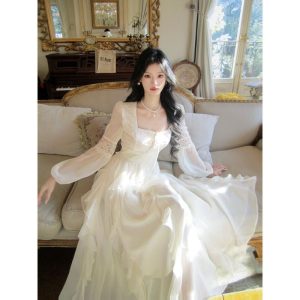 French Vintage Square Neck Ruffle Long Sleeve Mesh Lace-Up Maxi Dress
