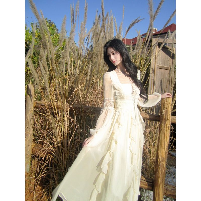 French Vintage Square Neck Ruffle Long Sleeve Mesh Lace-Up Maxi Dress - Image 2