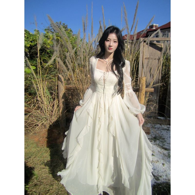 French Vintage Square Neck Ruffle Long Sleeve Mesh Lace-Up Maxi Dress - Image 5